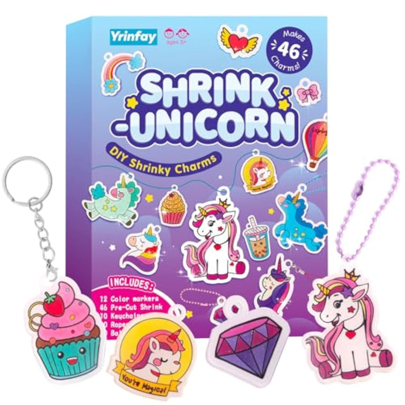 89 Pcs Unicorn Shrink Plastic Art Kit with 46 Shapes, 12 Markers & Accessories