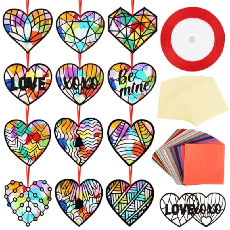 48 Sets Heart Suncatcher Craft Kit, DIY Valentine Window Art Activity for Kids