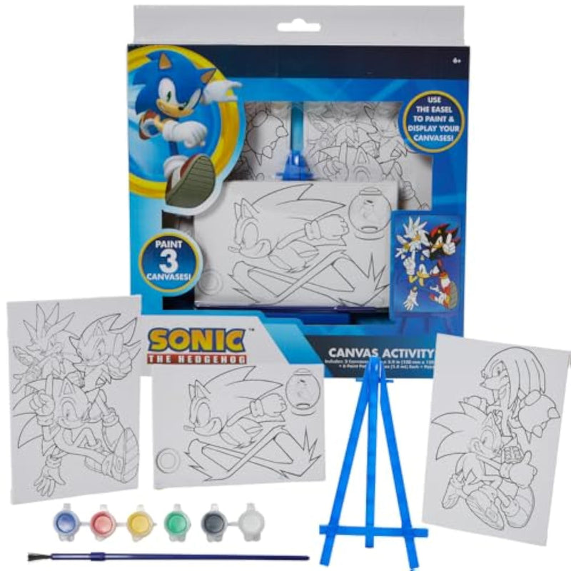 Sonic the Hedgehog Official Canvas Paint Set for Kids with 3 Preprinted Canvases, Paints, and Easel