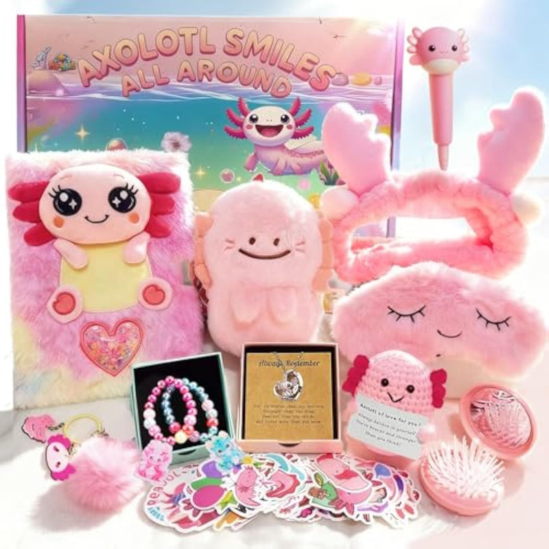 Axolotl Gift Set For Girls - Cute Axolotl-Themed Toy Box With Fluffy Diary, Stickers,Pen, Crocheted Stuffed Animal, Pink Purse, Necklace, Keychain, And More Axolotl Stuff - Birthday Gifts For Kids