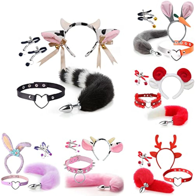 4 Pcs Set Fun Cow Sheep Antelope Rabbit Sexy Maid Tie Ear Hairpin SM Metal Tail Anal Plug. Cosplay Neck Chest Bondage Accessories Sex Toy for Women Female Men Male Unisex (Sheep Red)