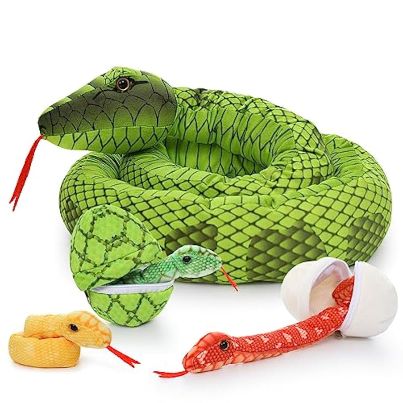 Giant Snake Stuffed Animal Mommy With Babies, Realistic Stuffed Snakes Plush Toy, Long Boa Constrictor For Kids, Girls, Boys, Halloween, Green, 80In