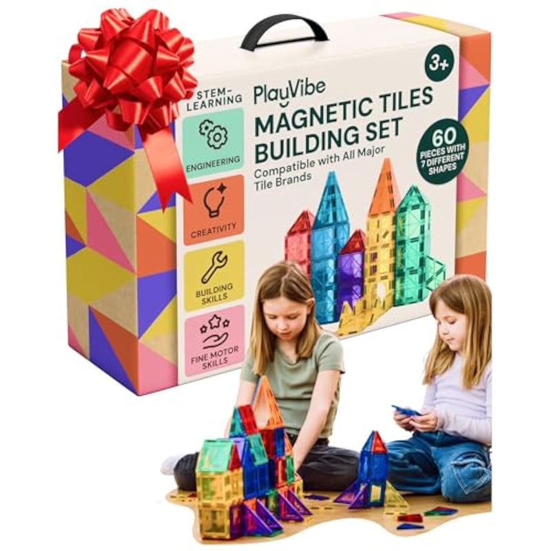 Magnetic Tiles - 60 Piece Set, Multicolor - Stem Play & Stem Toys - Strong Magnets, Magnetic Shapes, Tile Building Blocks - Educational Sensory Toys Gift For Kids Christmas & Birthday Present