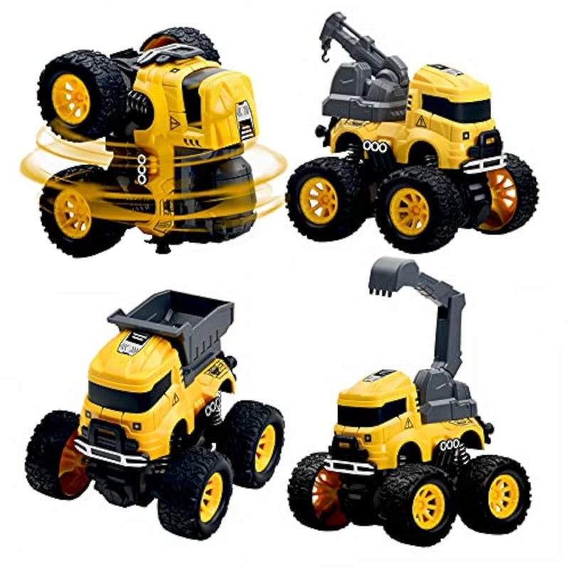Construction Truck Toys - 4 Pack Excavator, Mixer, Crane, Dump Trucks Push And Go Friction Powered Cars Monster Stunt Vehicles Playset Kids Birthday Party Favors Gifts For 3+ Year Old Boys Girls