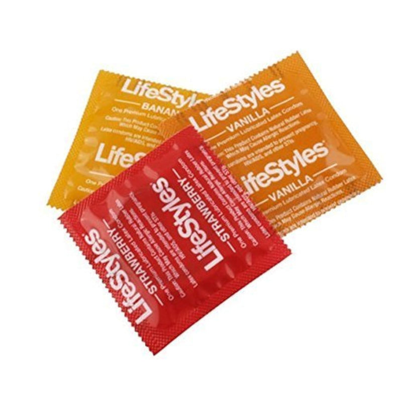 Lifestyles Luscious Flavors Assorted Variety Lubricated Latex Condoms [Variety to your love life with Sensuous Vanilla, Tropical Banana and Wild Strawberry flavored condoms] - Pack of 24