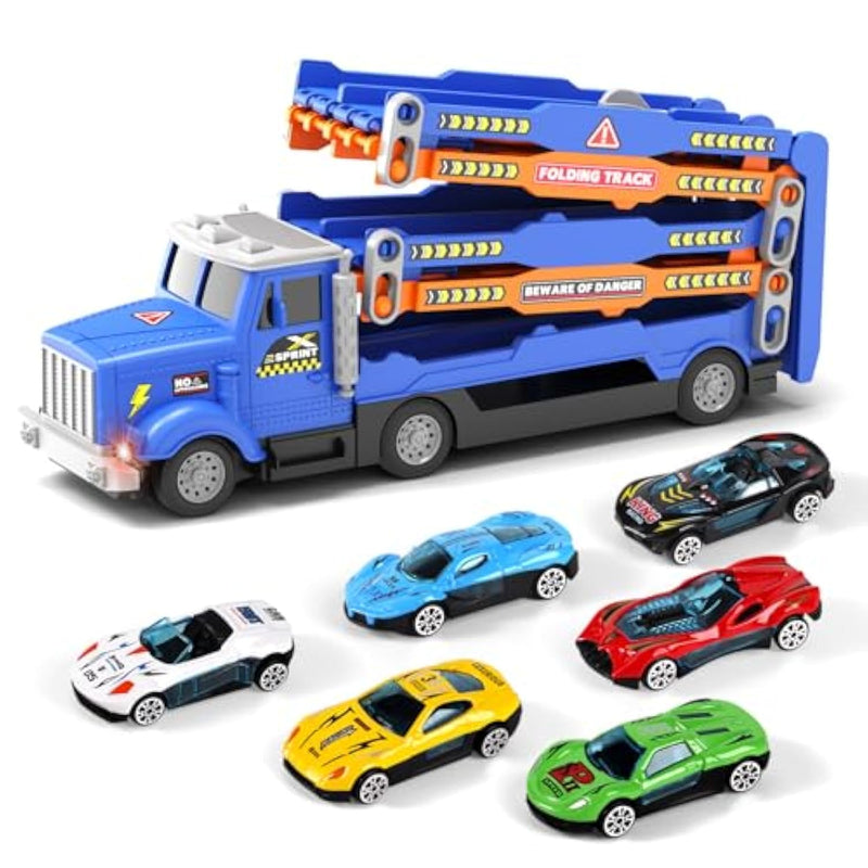 Toddler Truck Track Set With Lights & Sounds – 55-Inch Racing Track With 6 Die-Cast Cars, Perfect Birthday For 3 4 5 6 7 Years Old Boys And Girls