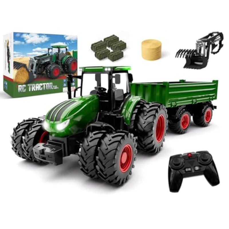 Remote Control Tractor Toy, Kids Rc Tractor Set & Truck And Trailer Front Loader - Metal Car Head/8 Wheel/Light, Toddlers Farm Vehicle Toys For 3 4 5 6 7 8 9 Year Old Boys Girls Birthday Gift