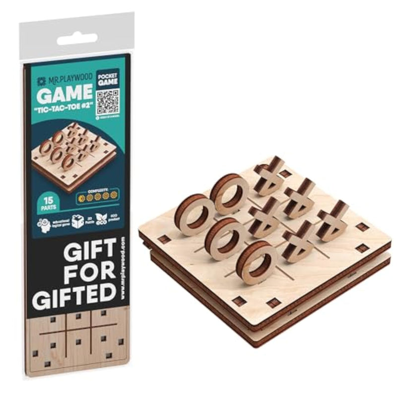Wooden 3D Mechanical Tic Tac Toe Game, 15-Piece Portable Logic Puzzle