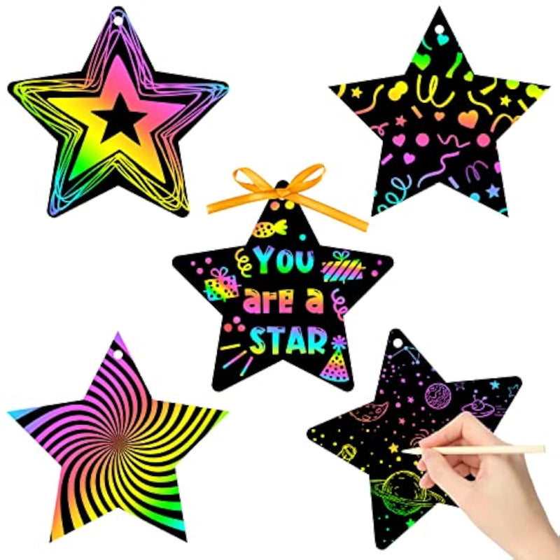 60 Pcs Star Scratch Art Cards, Magic Rainbow DIY Ornaments for Kids