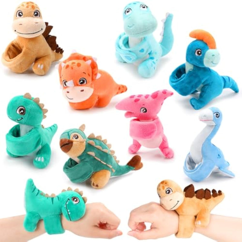 8 Pack Kids Plush Gifts Stuffed Animal Cat Slap Bracelets, Operation Christmas 8 Inch Wrist Cute Snap Bracelet Birthday For Boys Girls Child Bulk Item Pet Adoption Party Favors(Dinosaur)