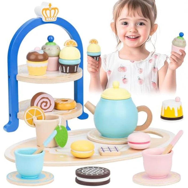 Wooden Tea Sets For Toddlers 3-5, Princess Tea Party Set For Little Girls With Cupcake Stand And Food Accessories, Pretend Play Educational Toys For 3 4 5 6 Year Old Girl And Boy Birthday Gift