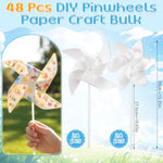 48 Pack DIY Paper Pinwheels for Kids, Color Your Own Blank Summer Windmills