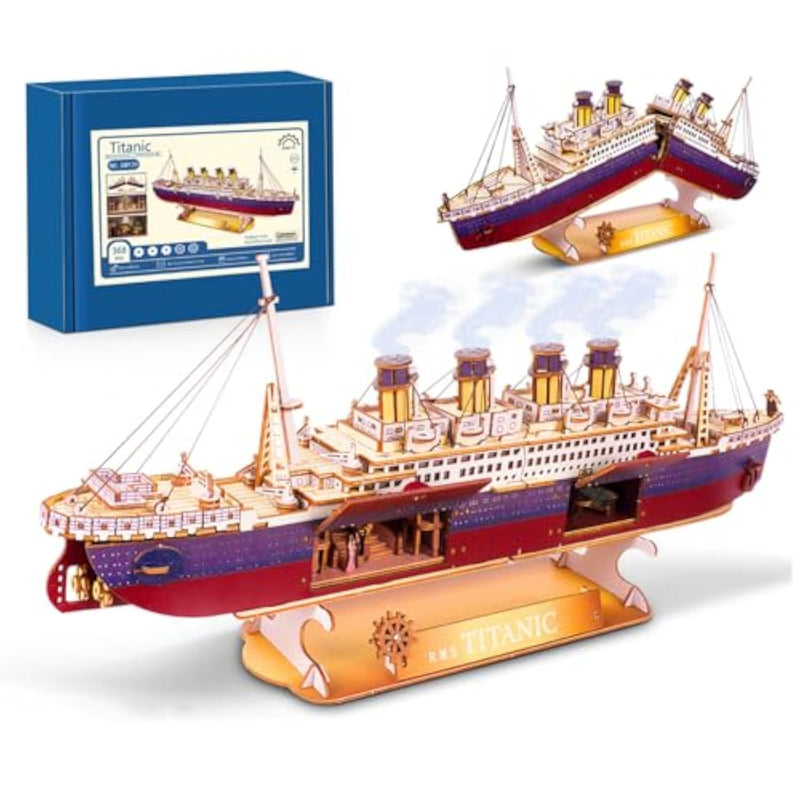 Titanic 3D Wooden Puzzle Kit, 368-Piece Ship Model with LED Lights for Teens & Adults
