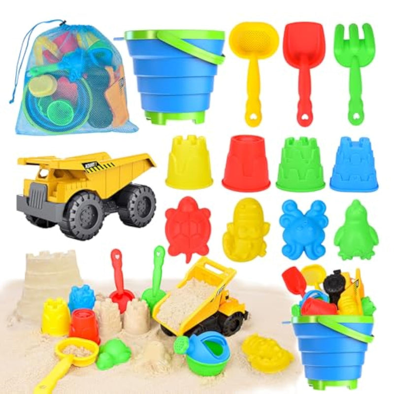 Beach Toys, 14Pcs Sand Toys With Construction Vehicle And Collapsible Beach Bucket, Animal Sand Mold Sets, Watering Can,Shovel Set With Mesh Bag,Summer Outdoor Play Travel Sandbox Gift For Boys Girls