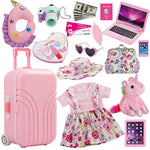 18 Inch Doll Suitcase Travel Luggage Play Accessories, Doll Clothes Accessories Carrier Storage Set, Case, Hat, Sunglasses, Camera, Pillow, Toy Pet