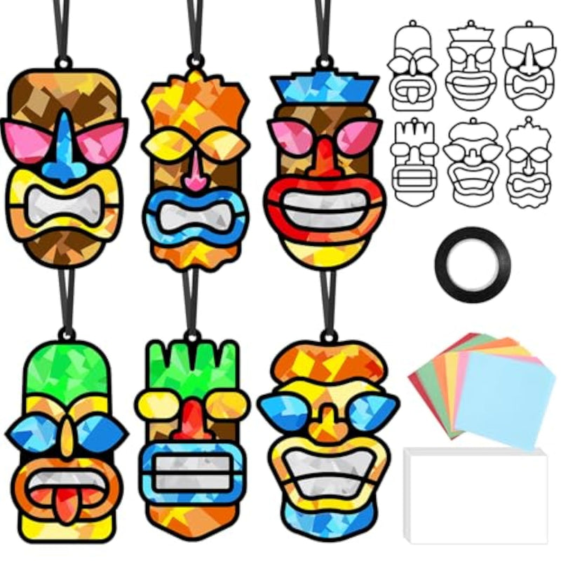 36 Set Tiki Suncatcher Craft Kit, Tropical Hawaii Window Art & Summer Luau Decorations