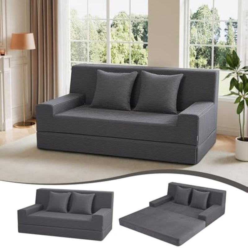 Folding Futon Couch Queen – Boneless Corduroy Sofa Bed, Convertible Foam Floor Lounger With Pillow & Washable Cover, Foldable Sleeper For Living Room, Bedroom, Guest Space
