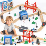 Wooden Train Set For Toddlers 2-4, 56Pcs Police Station Train Toys With Wooden Train Track Set, Magnetic Police Car Set, Toys For 3 4 5 6 Year Old Boys Kids, Compatible With Major Brand