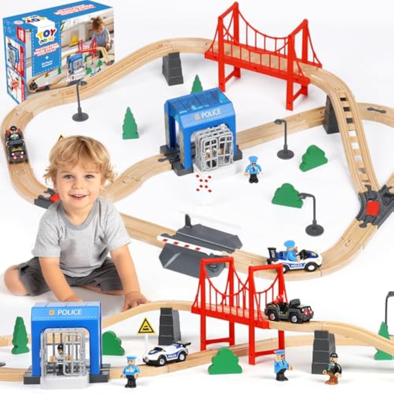 Wooden Train Set For Toddlers 2-4, 56Pcs Police Station Train Toys With Wooden Train Track Set, Magnetic Police Car Set, Toys For 3 4 5 6 Year Old Boys Kids, Compatible With Major Brand