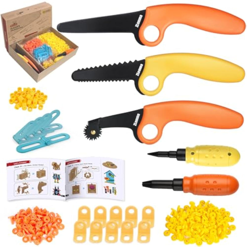 Cardboard Construction Kit - 401 Piece Kids Building Set with Safe Serrated Cutter and Crease Roller