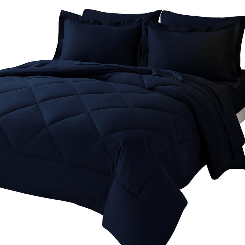 Queen Bed In A Bag 7 Pieces Comforter Set With Comforter And Sheets Navy Blue All Season Bedding Sets With Comforter, Pillow Shams, Flat Sheet, Fitted Sheet And Pillowcases
