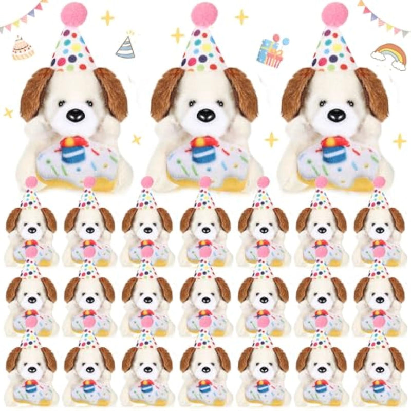 24 Pcs Birthday Small Stuffed Animal With Hat Mini Plush Toys For Student Classroom Reward Gifts Cute Soft Puppy Dog Toy Bulk Birthday Party Goodies Bag Fillers Party Decor