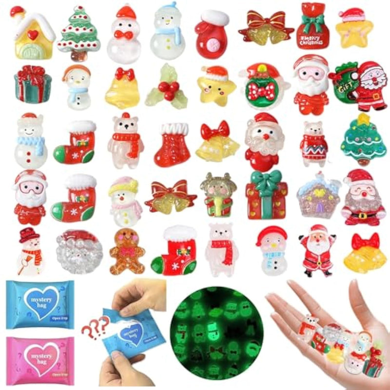 100 Pcs Mini Christmas Resin Figurines Blind Bags: Mystery Glow In The Dark Toy Pack With Tiny Holiday Charms For Kids Crafts, Dollhouse Christmas Decorations, Stocking Stuffers & Party Favors