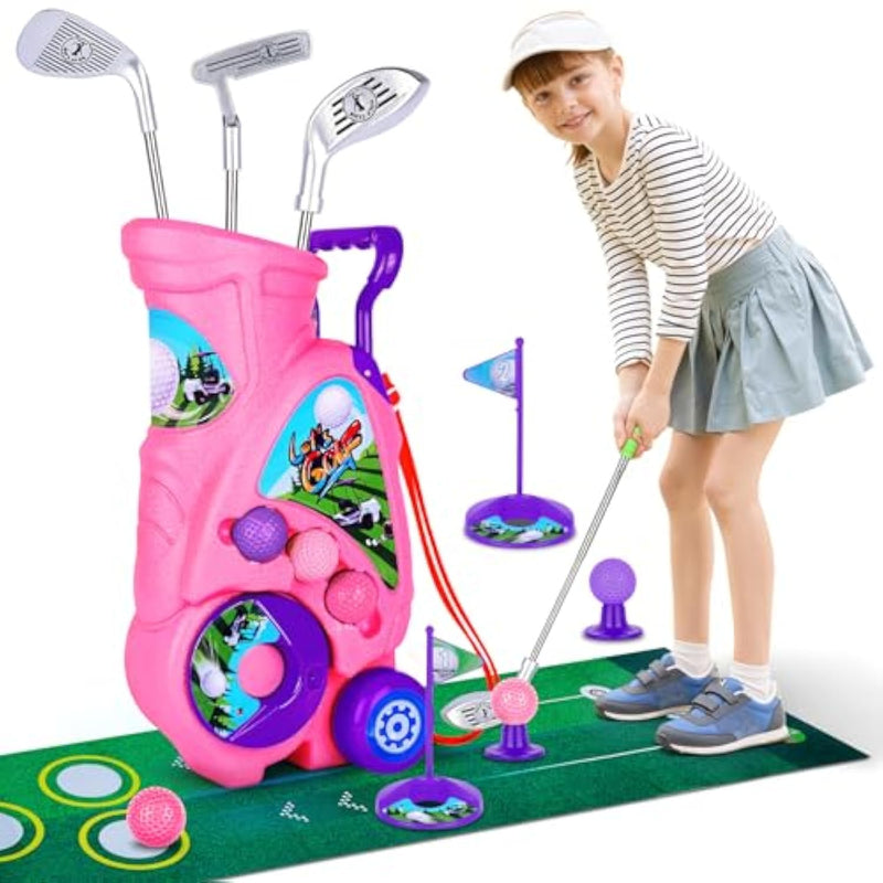 Toddler Golf Set For 2 3 4 5 Years Old Boys Girls,Kids Golf Clubs With Putting Mat, Upgraded Kids Golf Cart With Putting Mat & Cornhole Board, Outdoor Indoor Sports Toys - Pink