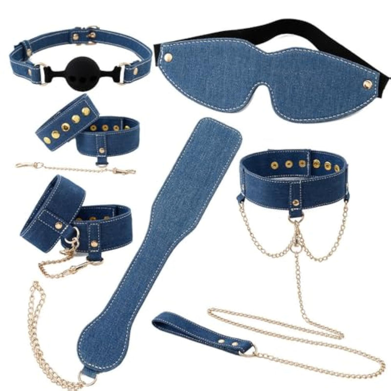 Bdsm Bondage Kit For Couples Denim Blue Bondage Restraints Set With Handcuffs, Ankle Cuffs, Collar, Blindfold, Paddle & Mouth Gag Adult Bondage Gear For Beginners & Advanced, Sex Toys For Couples