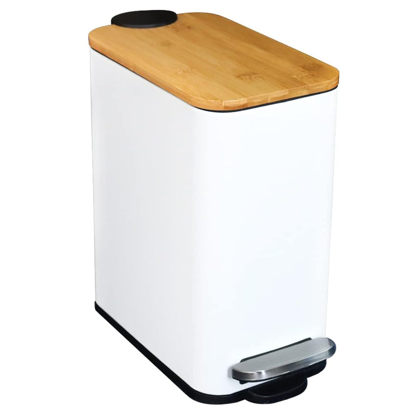 Bathroom Trash Can With Bamboo Lid Soft Close And Foot Pedal, Small Rectangular