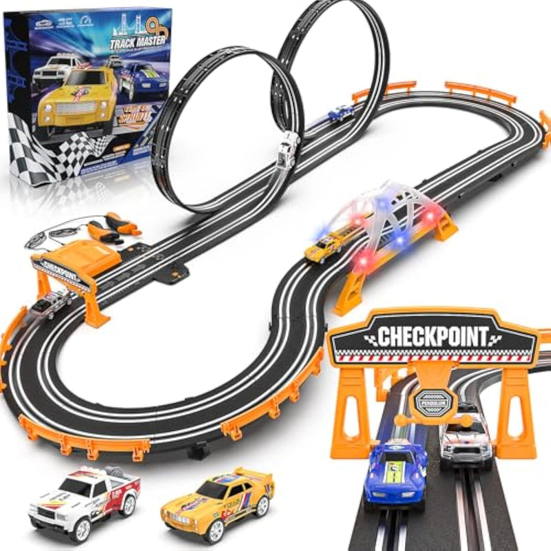 Slot Car Race Track Sets For Boys,Race Car Track With 4 High-Speed Slot Cars,Battery Or Electric Car Track,Dual Racing Game Lap Counter Track Sets,Toys Gifts For Boys Girls Ages 4 5 6 7 8-12