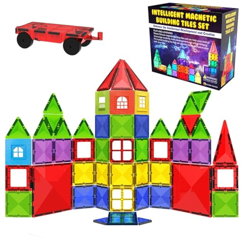 Magnetic Tiles Building Blocks Toy - Stem Educational Magnet Set For Kids, Creativity Preschool Learning Sensory Montessori Toddler Toys For Boys & Girls 3+ Years Old - 57Pc