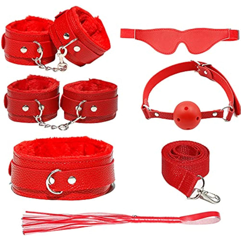 Leather Bondage Products Bdsm Sexual Bondage Kit 7-Piece Set With Handcuffs, Footcuffs, Neck Cuffs, Gag, Blindfold, Whip Sm Sex Toys Adjustable For Adult Bondage Play Sets Restraint Kits