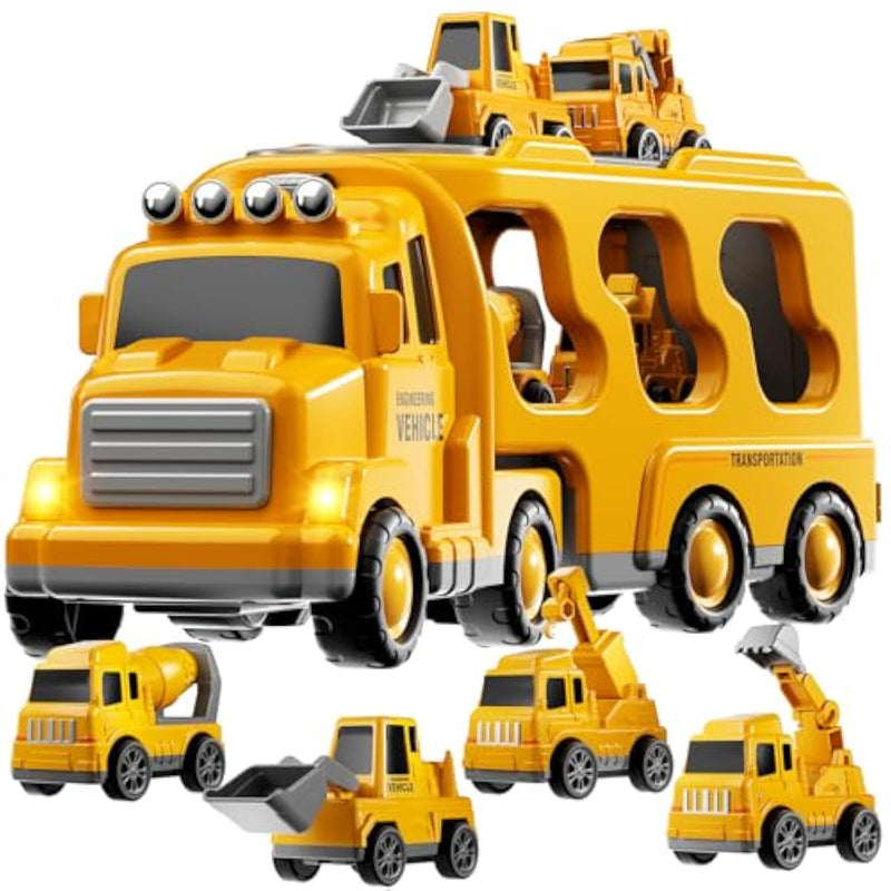 Construction Trucks Toys For 2 3 4 5 Years Old Boys - 5-In-1 Carrier Transport Vehicle Truck For Toddlers 2-4 Years With Crane, Mixer, Pushdozer And Excavator, Car Toys Birthdays Gift