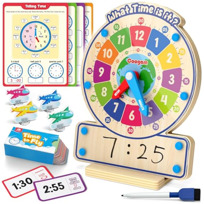 Wooden Clock Teaching Time Toy, Analog Digital Clock With Fly-Telling Time Board Game, Montessori Time Learning Educational Toy For 3 4 5 Year Old Homeschool Classroom Kids