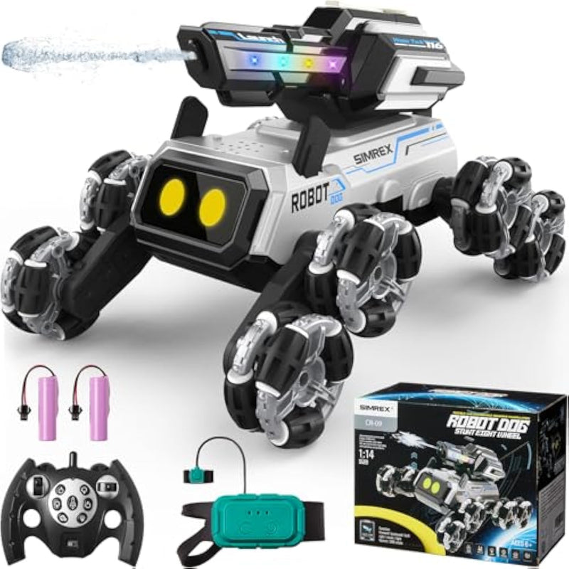 Robot Dog Rc Stunt Car Toys - Gesture Sensing Remote Control Car With Mecanum Wheels, Led Eyes, 3 Sound Effects,Water-Shooting Turret & Rgb Lights,Birthday Gift For Kids Boys Girls