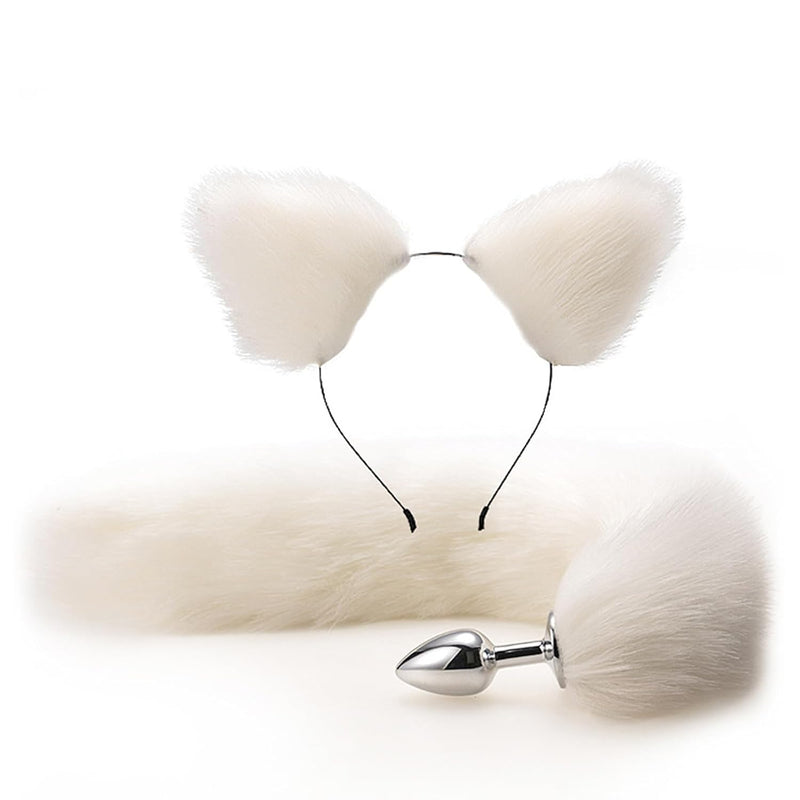 Fox Tail Anal Butt Plug, 2Pcs/Set Artificial Fox Tail Anales Plug With Cat Ears Headband, Fox Adult Metal Butt Plug Sex Toy For Sm & Cosplay (White)