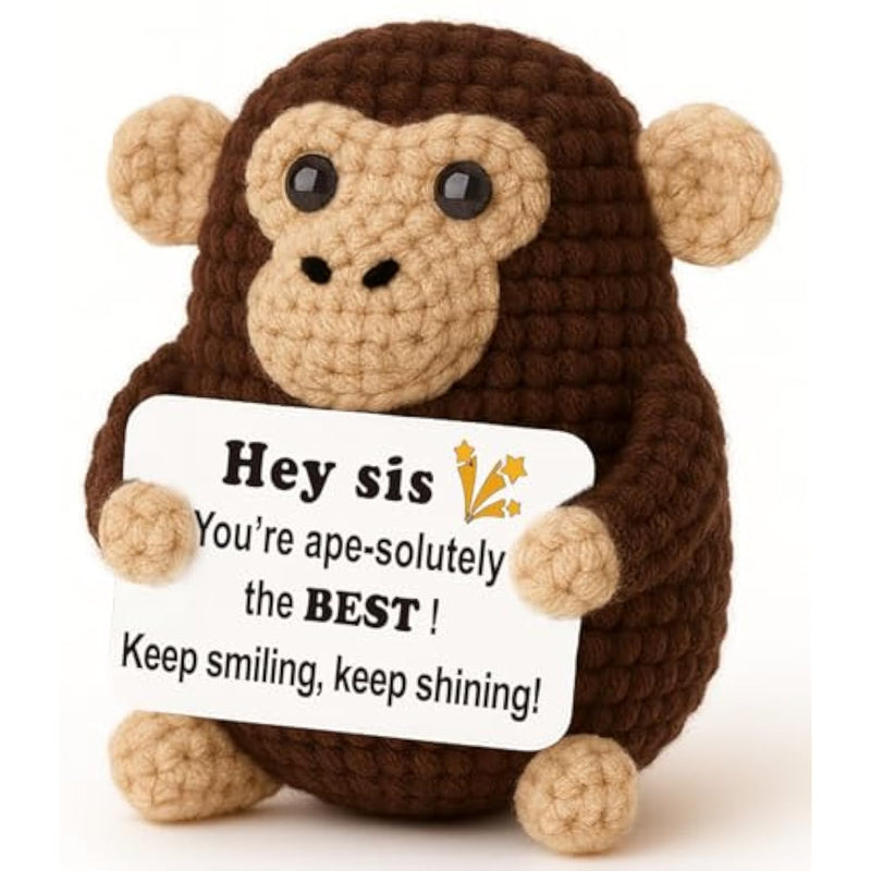 Gift For Sister Friend, Small Stuffed Animal For Birthday Christmas White Elephant Galentines Stuffers, Brown Crochet Ape/Gorilla/Chimp 4" Handmade Amigurumi Plush With Humorous Sign