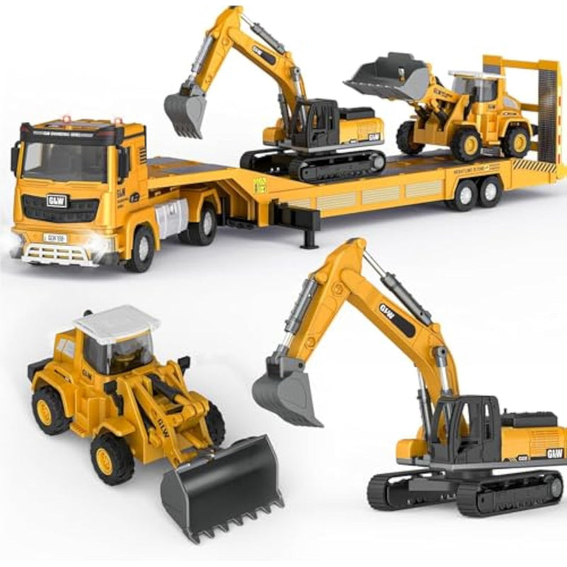 Construction Carrier Truck Toy - Die-Cast Construction Toy Set W/Semi Truck, Excavator, Bulldozer, Alloy Engineering Model Vehicle Toys W/Lights & Sounds, Model Cars For Boys Age 4-7