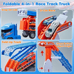 Race Track Truck Toys For 3 4 5 6 Years Old Kids - Carrier Truck Transport Car With 6 Die-Cast Cars Toys, 4-In-1 Truck With 2 Foldable Race Tracks, Christmas Birthday Gifts Toy For Toddler Boys, Blue