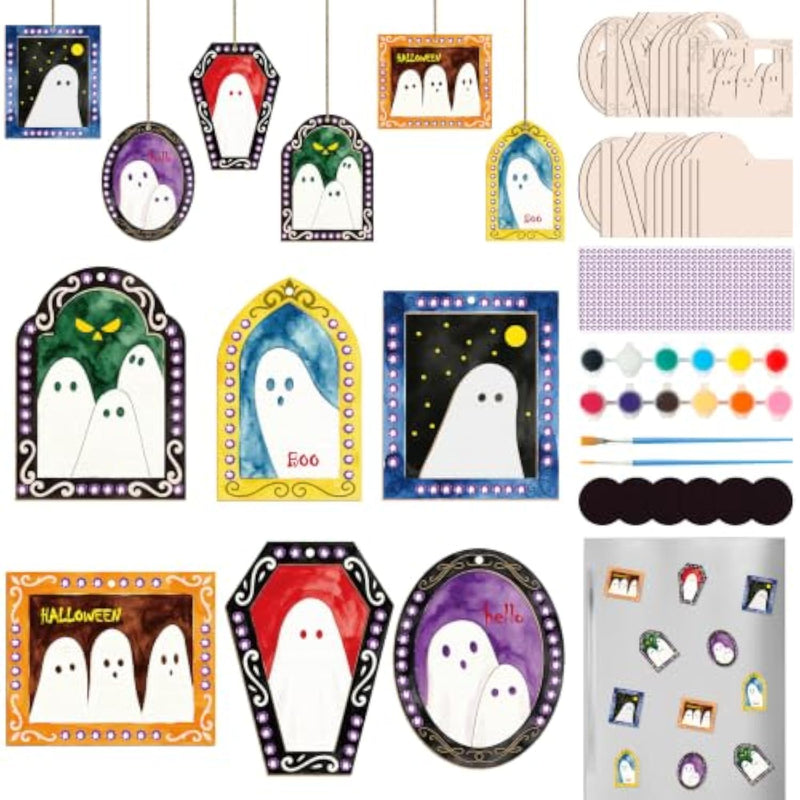 Halloween Wood Ghost Craft DIY Magnet Frames Ornaments for Kids, 24 Pieces