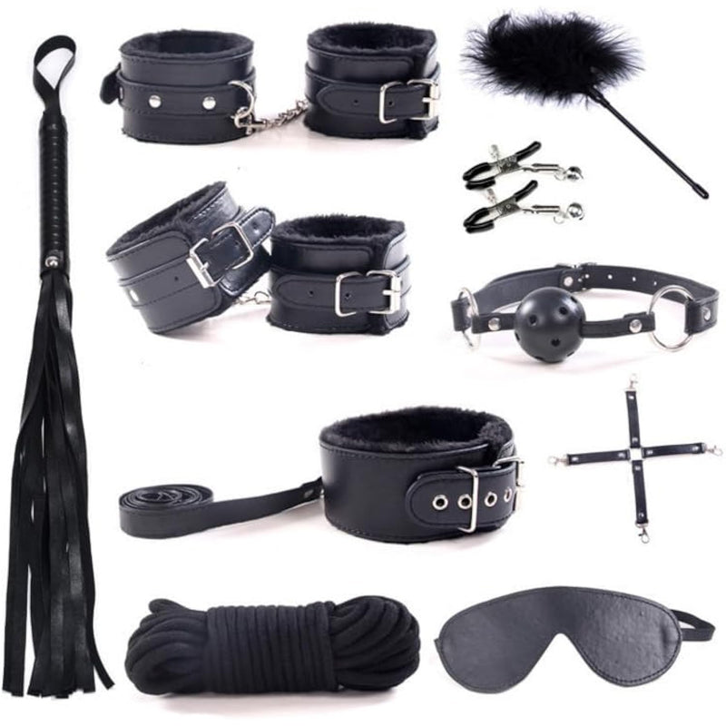 Sex Restraining Bondage Bdsm Kit, 10 Pieces Set Bondage Restraints Kits Fetish Bed Restraints Set For Beginners Sm Adult Games Cuffs Gag Blindfold Spanking Paddle Black