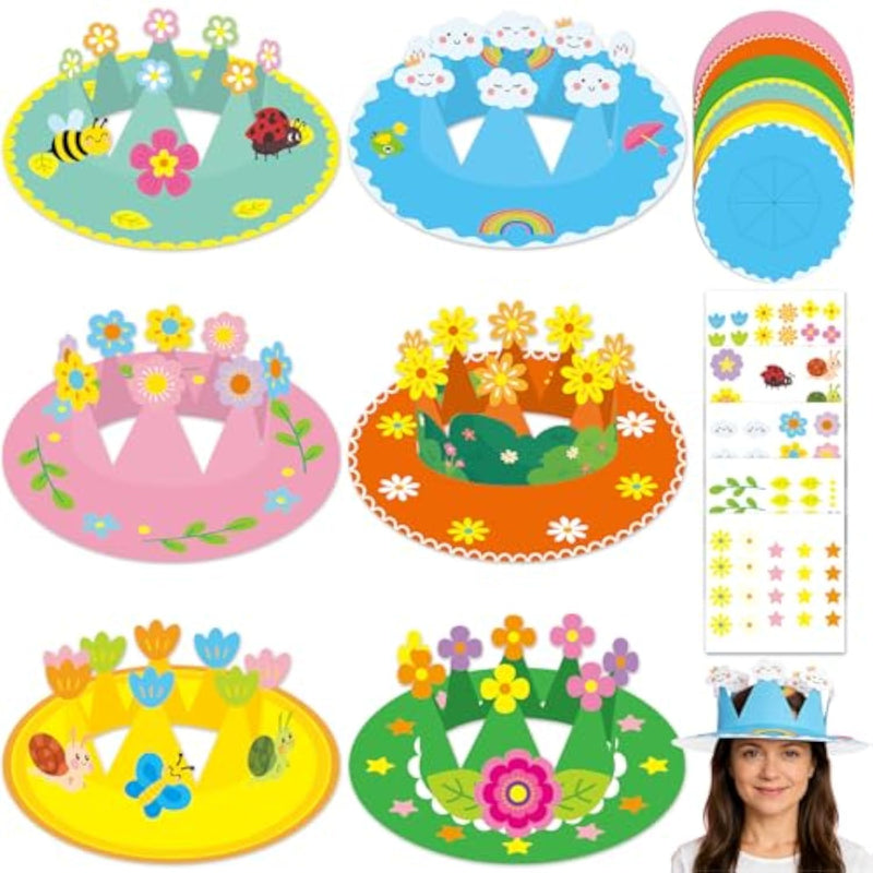 24 Sets Spring Crown Craft Kit, DIY 3D Paper Hats with Stickers & Flowers