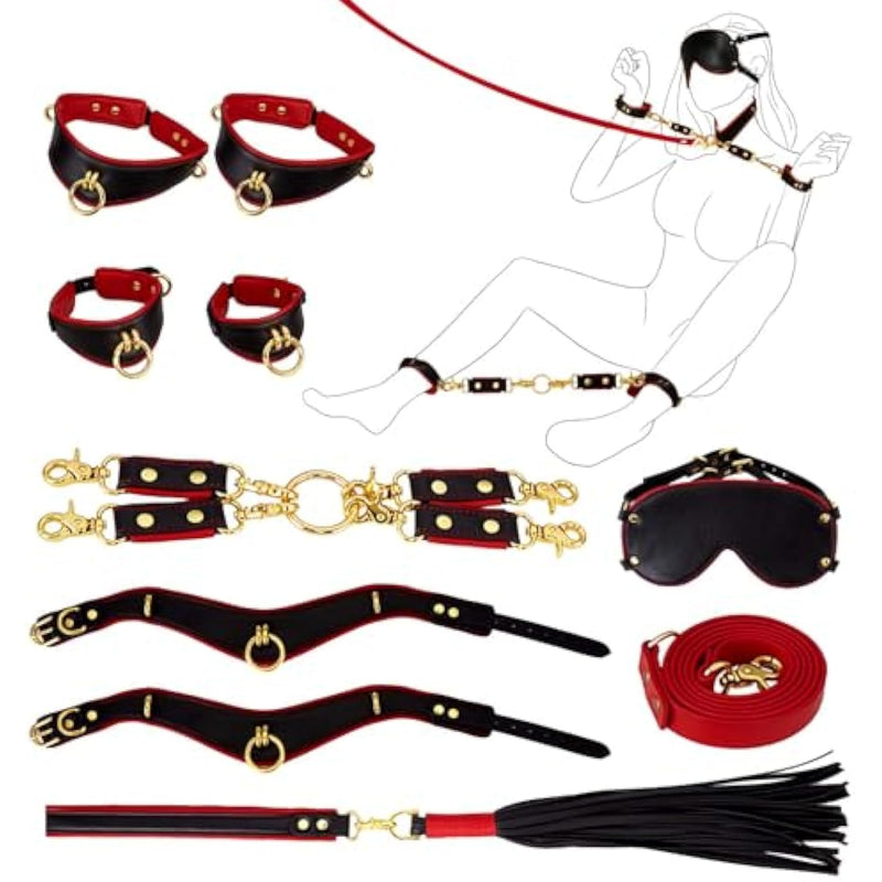 Sex Bondage Bdsm Kit Restraints 7Pcs Sets With Adjustable Handcuffs Collar Blindfold Cross Strap Whip Adult Sex Toys For Men Women And Couples | Black And Red With Storage Bag
