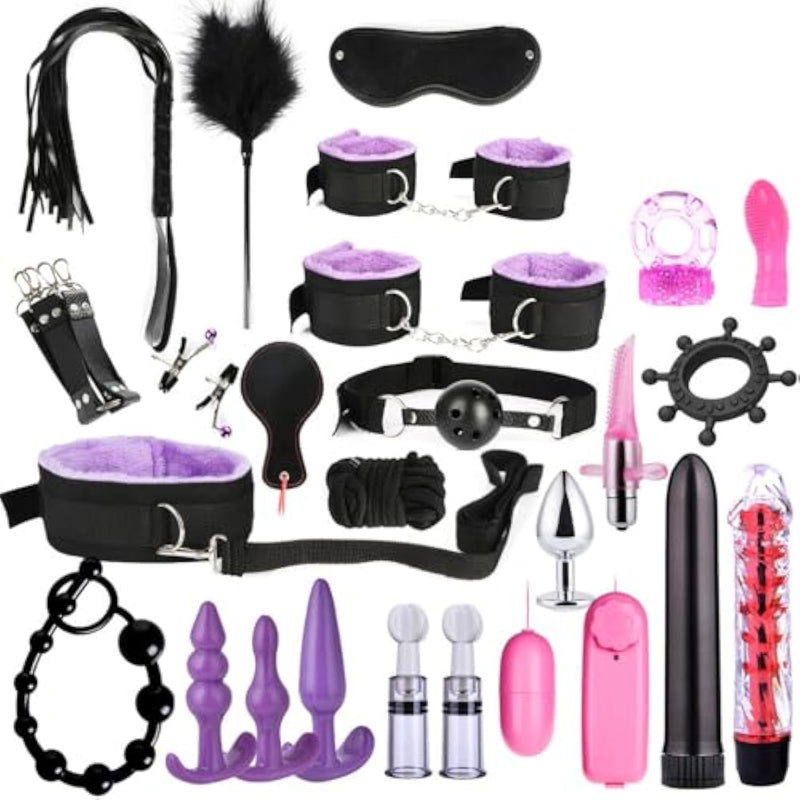 Sex Bondage Bdsm Restraints Set Sex Toys For Women With Adjustable Straps Feather Tickler Panddle Nipple Clamp Anal Plug Handcuffs For Couple Beginner Sm Game Play