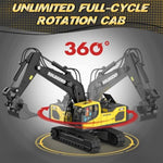 Remote Control Excavator Toy For Boy 2 Batteries- 1/20 Scale Remote Control Digger With Alloy Shovel, Infinitely Rotating Cab, Lights & Sounds - Gift For Kids Ages 6,7,8,9,10