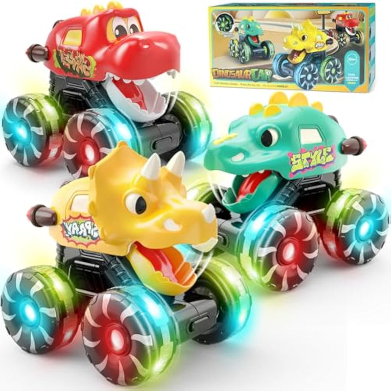 3 Pack Dinosaur Car Toys For Kids Toddlers, Light Up Wheels Monster Truck Toys For Boys 2 3 4 5 6 7 8 Years Old Christmas Birthady Gifts Press & Go Dino Trucks Toy For Toddler Boy Baby