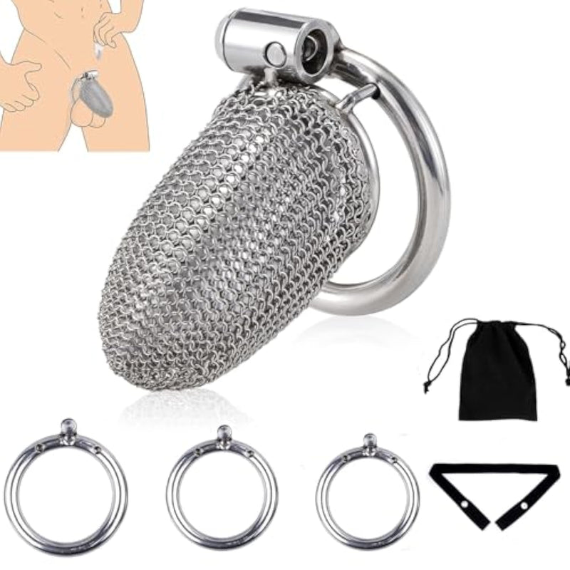 Chastity Cage With Belt - Male Chastity Device With Invisible Lock, 3 Sizes Rings (1.57", 1.77", 1.97"), Cock Cage Metal Mesh Chain,Large Stainless Steel Penis Bondage Restraints Bdsm Sex Toy For Men