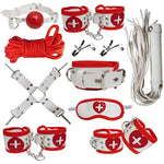Bdsm Bed Restraints Kits Sex Bondage Sets Sex Toys Play For Couples With Handcuffs Ankle Cuff Collar Leash Ball Gag Solid Leather Cross Strap Feather (Red)