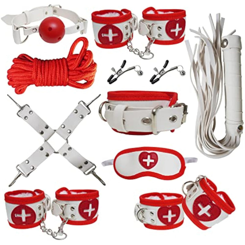 Bdsm Bed Restraints Kits Sex Bondage Sets Sex Toys Play For Couples With Handcuffs Ankle Cuff Collar Leash Ball Gag Solid Leather Cross Strap Feather (Red)